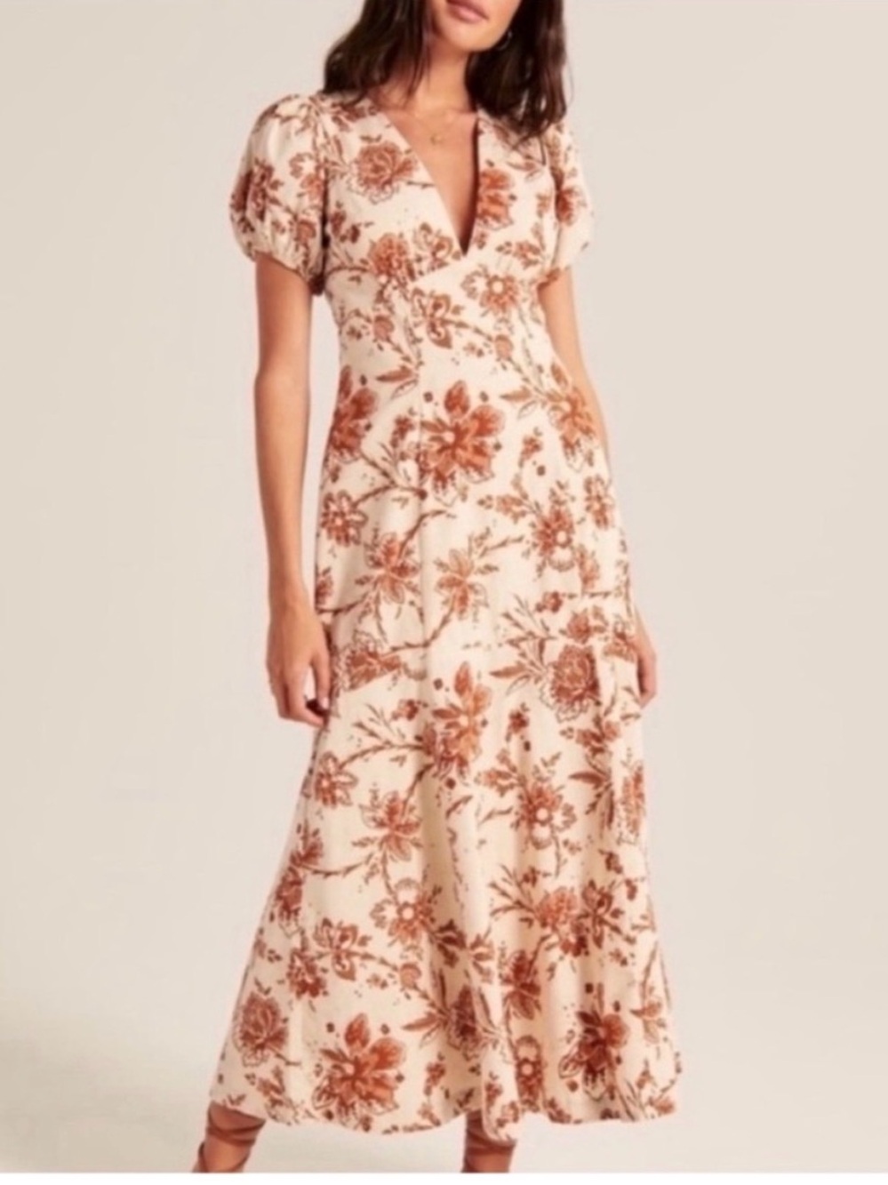 Abercrombie & Fitch Cream and Brown Floral Midi Dress